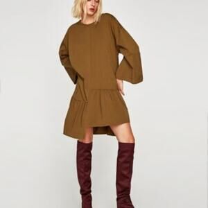 Zara Asymmetrical Bell Sleeve Lagenlook Neutral  Dress M